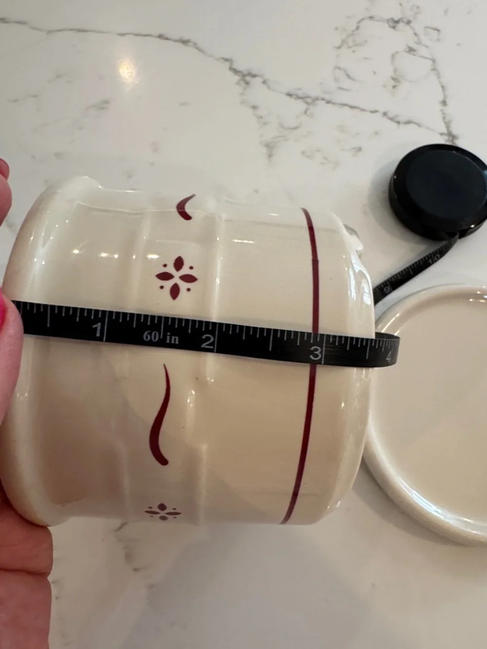 Longaberger Woven Traditions Cream Ceramic Canister with Maroon Accents